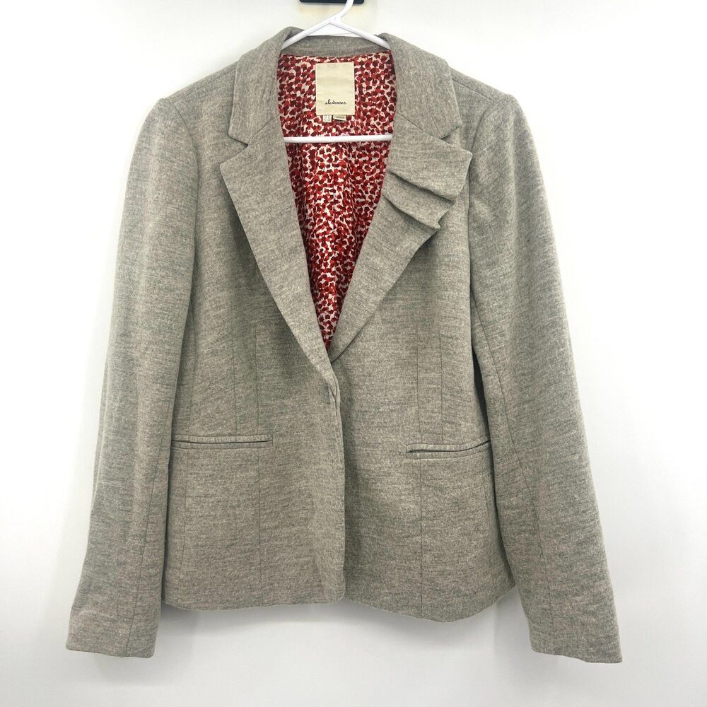 Elevenses Anthropologie Wool Blend Blazer Womens 12 Gray Ruffle Lapel Lined